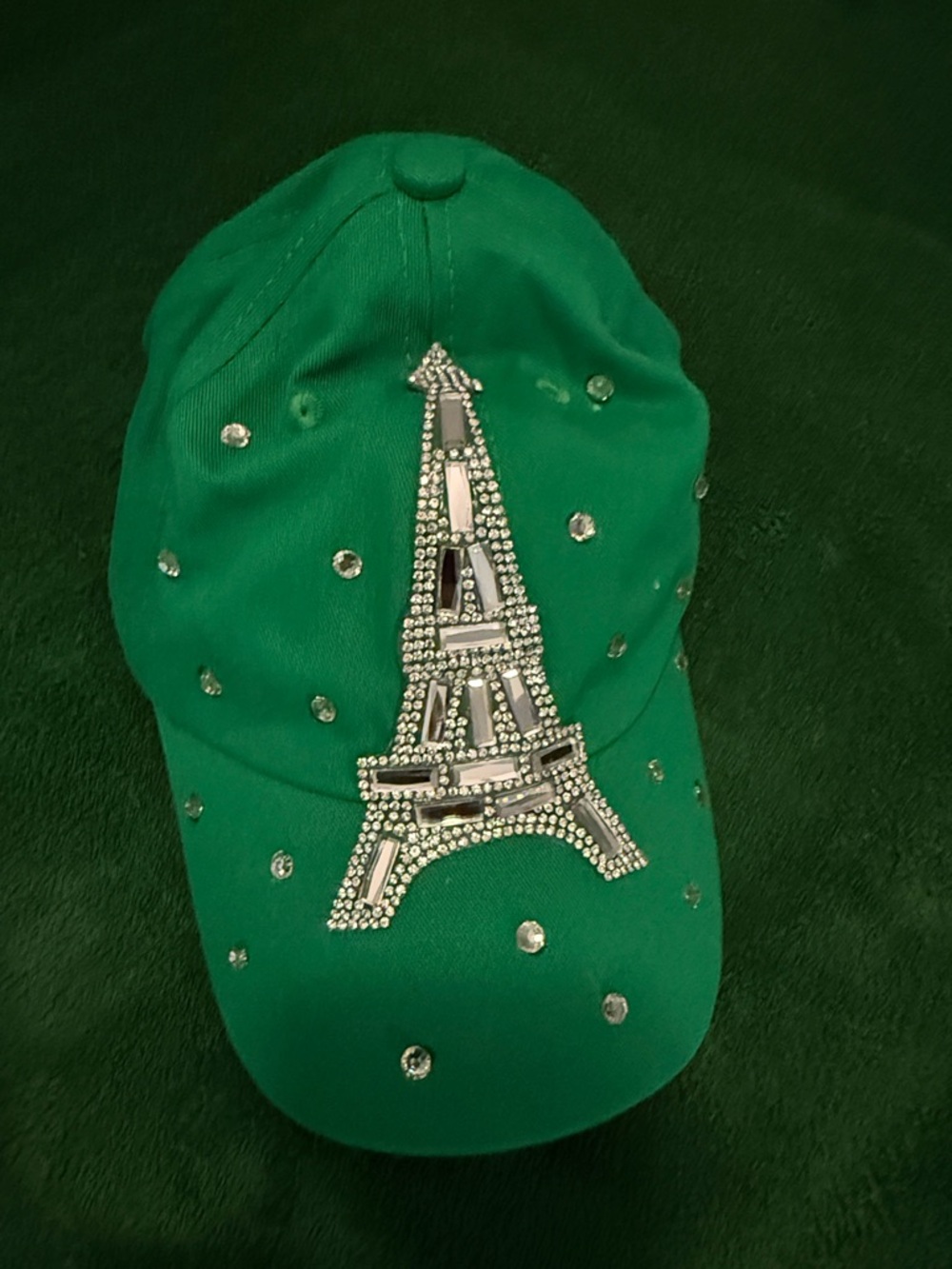 Green Kids Baseball Cap with Rhinestone Eiffel Tower Accent